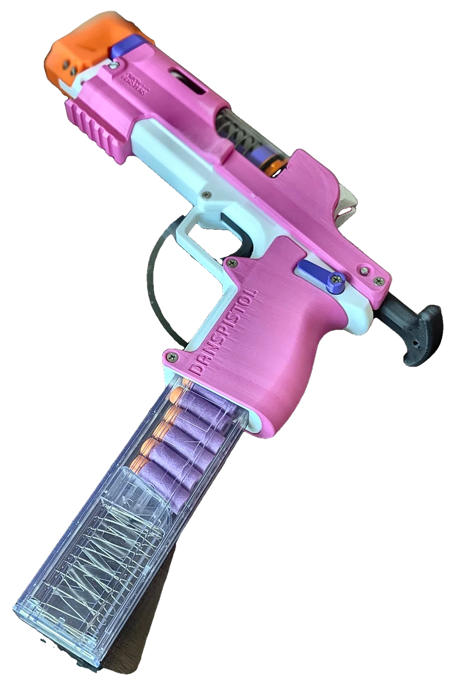 Pink and white kit-built blaster with clear magazine