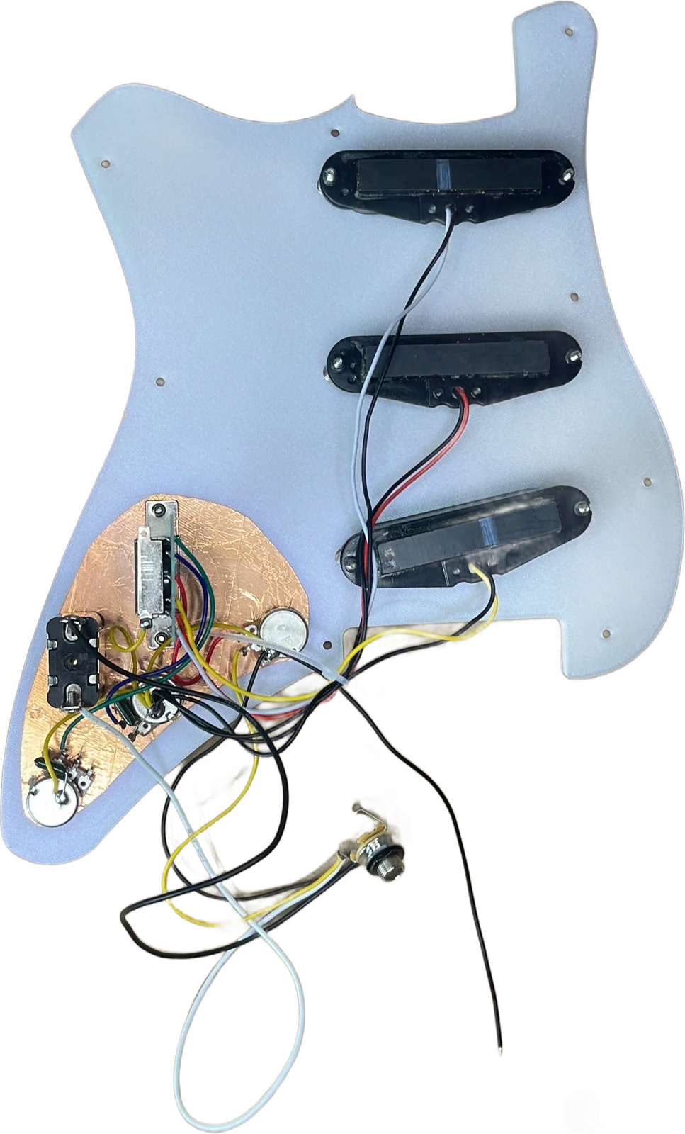 Pickguard with three pickups and controls, copper shielding behind the electronics