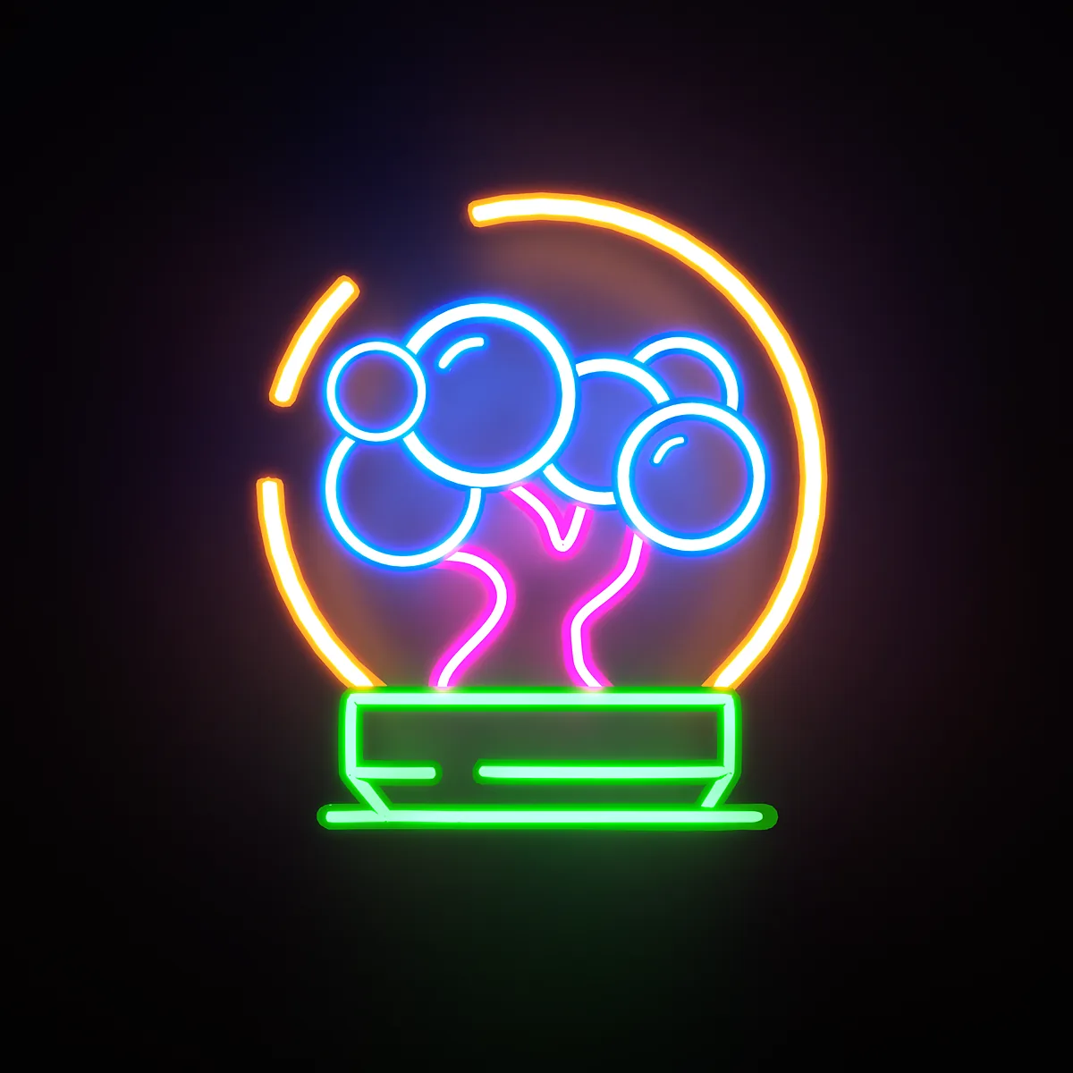The Bubble Belly Bonsai logo I designed, shown as a glowing neon sign